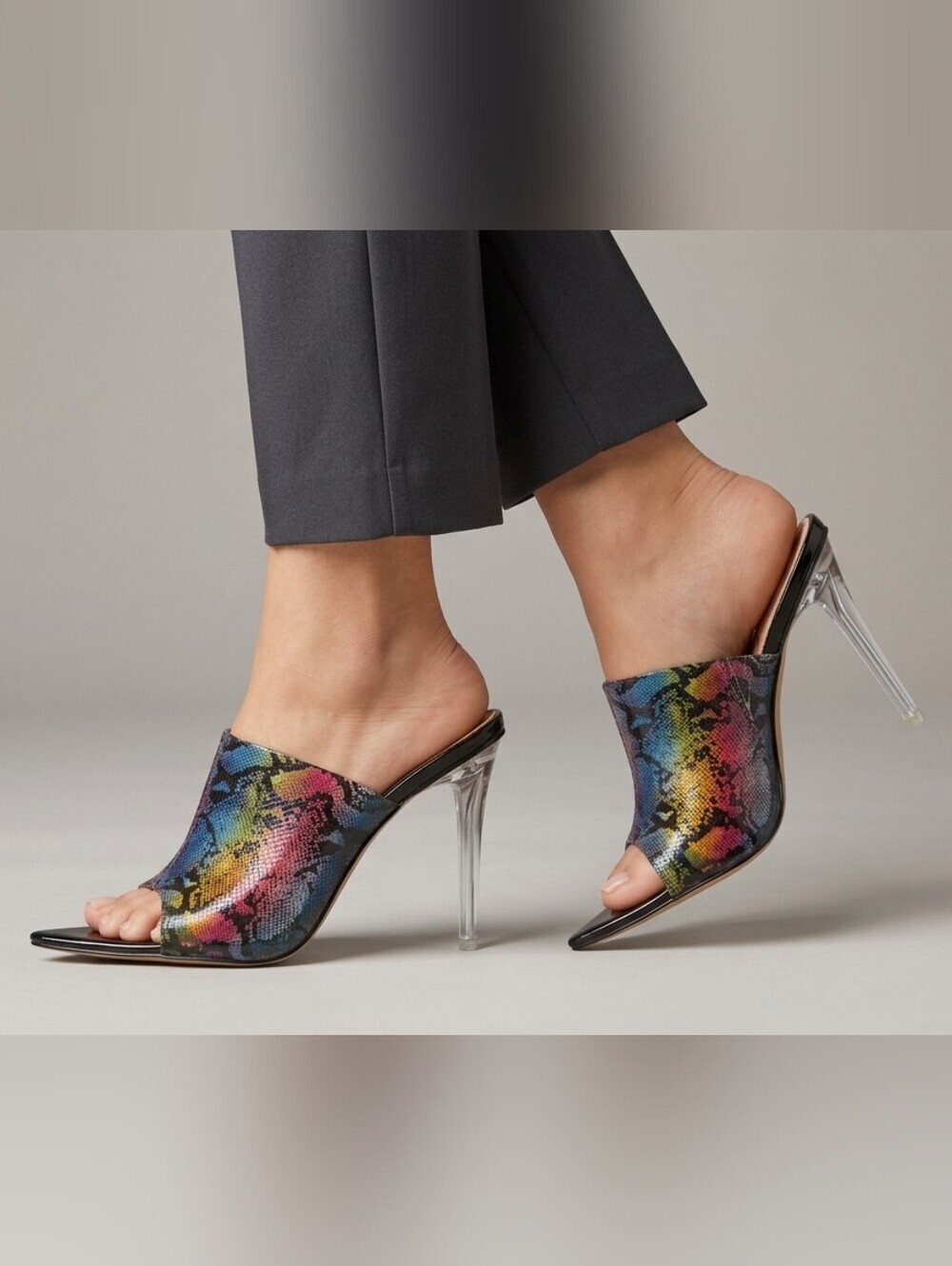 So Me Clear Heel Mule Sandals with Multicolor Snake Print Size 8 - Picture 2 of 11